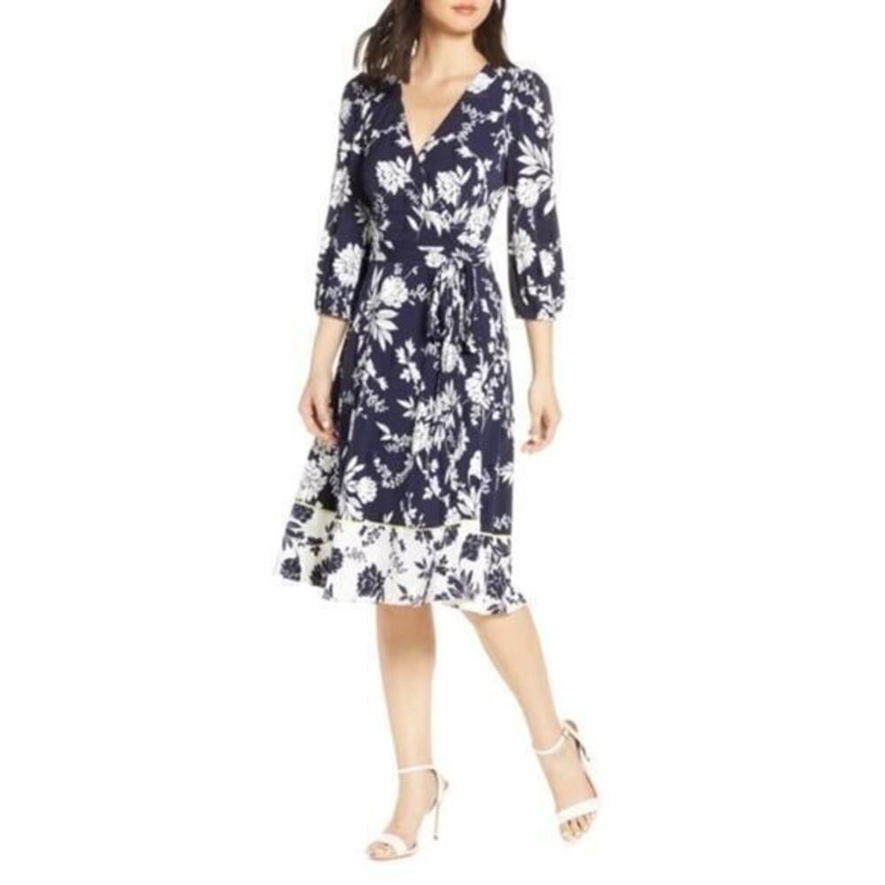 Eliza J Floral Print Faux Wrap Dress 3/4‎ Sleeve Midi Dress Size 2 NWT